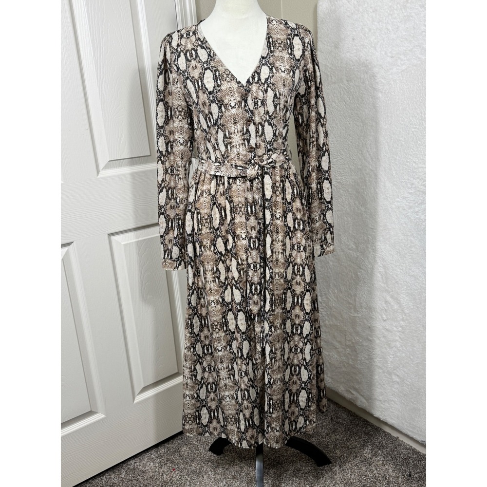 Fashion on Earth Snakeskin Print Midi Dress Long Sleeve V Neck Belted‎ S